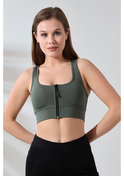 EMFURE Haki Fermuarlı Spor Büstiyer - Sports Bra / Crop Destekli Spor Sütyeni Haki