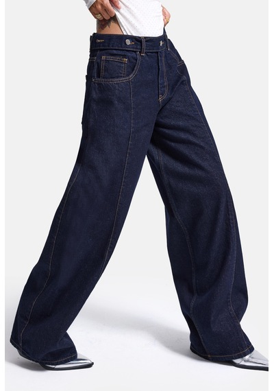 Kadın İndigo Selvedge 7w6-50 Barrel Fit Kemer Detaylı Denim Jean