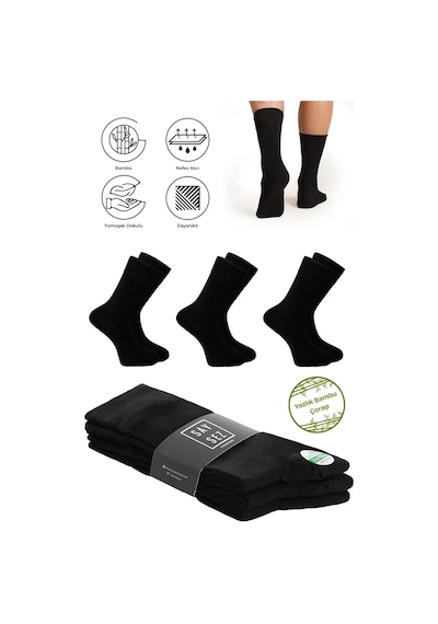 Saysez Bambu Erkek Soket Yazlık Uzun Düz Siyah Çorap Dikişsiz Premium Paket 3'lü / Yıkamalı Soft Çorap Siyah