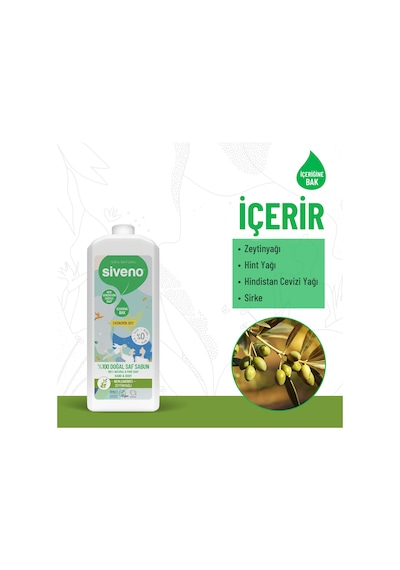 Siveno %100 Doğal Sıvı Kastil Sabun Zeytinyağlı Yoğun Nemlendirici Bitkisel Vegan 1 L