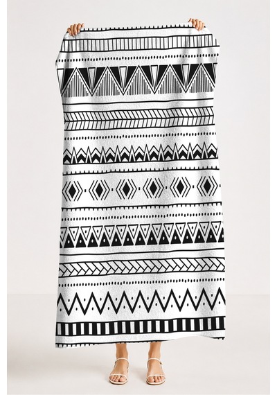 Etnik Bohem Geometrik Plaj Havlusu - Siyah Beyaz Minimalist Modern Hızlı Kuruyan Mikrofiber Havlu Uçuk Şakayık