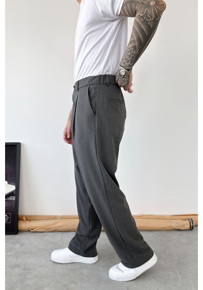 Koyu Gri Pileli Baggy Kumaş Pantolon