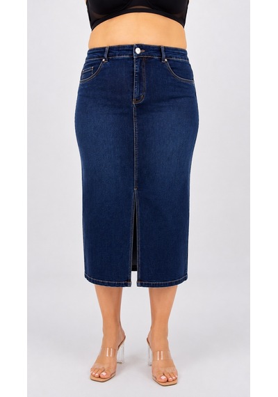 Büyük Beden Denim Taşlı Kalem Etek Lacivert