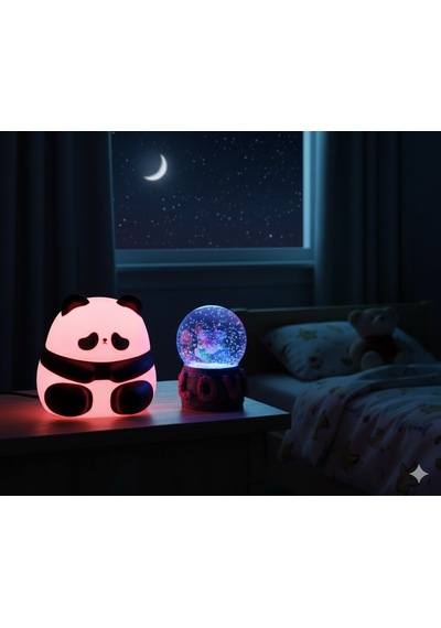 2 Li Sevgiliye Romantik Hediye Seti Slikon Panda Renkli Led Gece Lambası Ve 9 Cm Love Kar Küresi Set Pembe