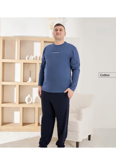 Pijamoni Erkek Battal Bisiklet Yaka Penye Uzun Kol Pijama Takımı 6700/7 - 1 Adet Mavi