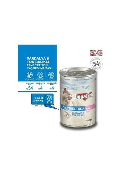 BonaCibo Ezme Sardalya ve Ton Balıklı Konserve Yetişkin Kedi Maması 6 x 400 G