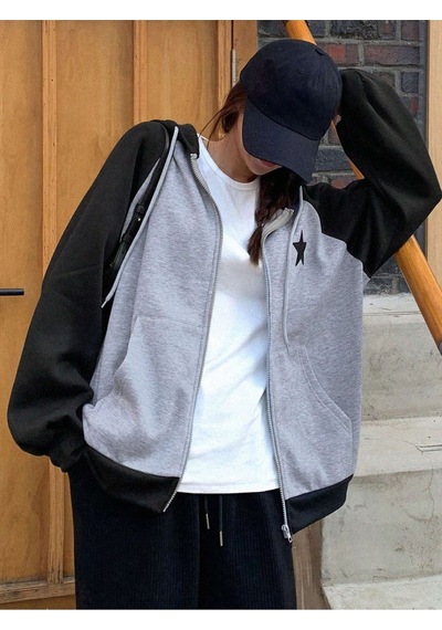 Oversize Yıldız Baskılı Gri - Siyah Reglan Kol Hırka Gri-siyah