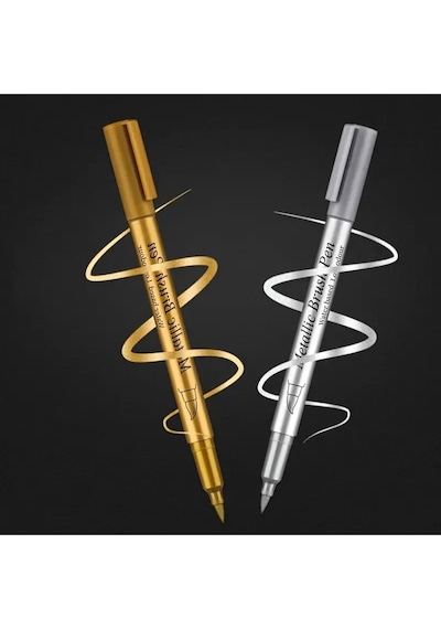 Altın-gümüş Brush Metalik Marker Kaligrafi Kalemi, Cam Kalemi, Balon Yazı, Süsleme, Bardak Yazı-2 Ad