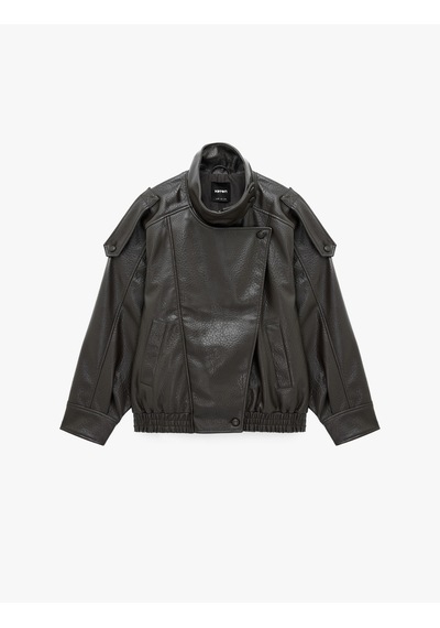 Koton Uzun Kollu Fermuarlı Dik Yaka Kruvaze Oversize Suni Deri Vintage Ceket Kahverengi 7wak20034ew Kahve