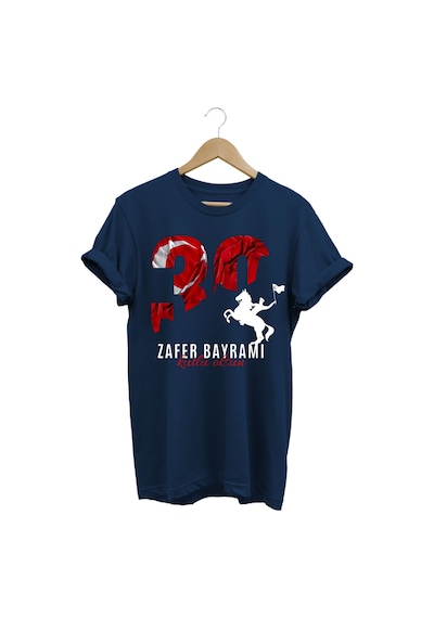 Atatürk 30 Ağustos Zafer Bayramı Bayrak Baskılı %100 Pamuk Regular Fit Lacivert T-shirt Lacivert