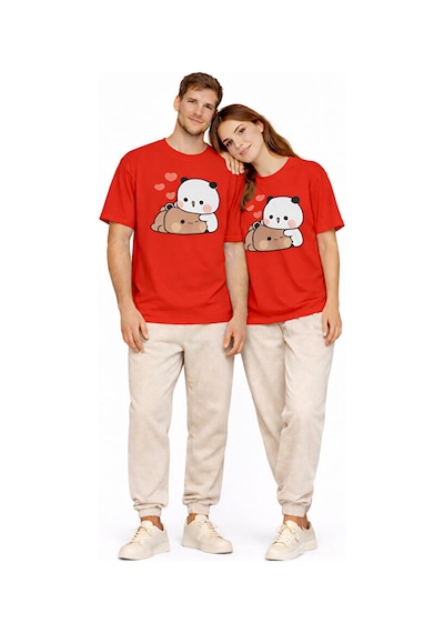 Sevimli Panda Baskılı Sevgili Kombini Çift Tişört Oversize Unisex Kırmızı