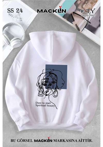 Macklin Unisex Kadın Erkek Çizim Kadın Özel Tasarım Baskılı Kapşonlu Sweatshirt Beyaz Mck1131 Beyaz