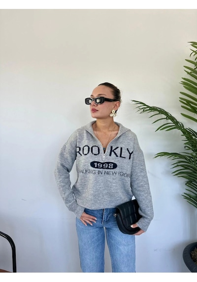 Keymoda Kadın Brooklyn Baskılı Kazak Gri Gri