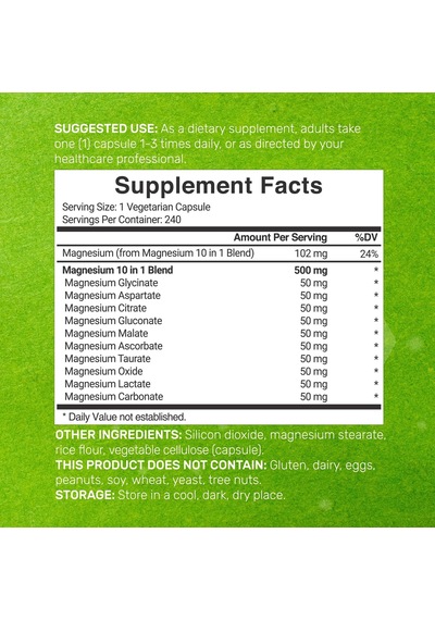 Deal Supplement Magnesium Magnezyum 10-in-1 Complex Supplement 500mg, 240 Veggie Capsules