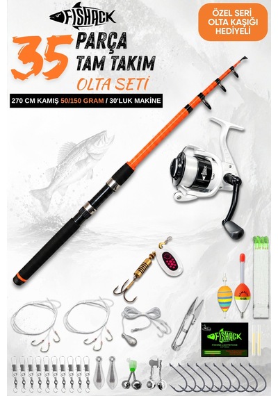 35 Parça Tam Takım Olta Seti - 270cm Kamış 50-150gr / 30'luk Makine Turuncu