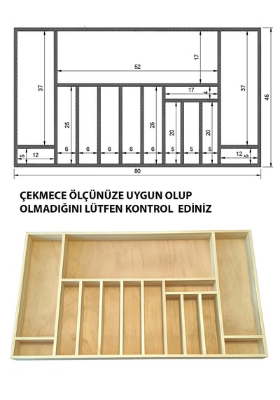 Kaşıklık 80x45 Cm. Mutfak Çekmece Düzenleyici Organizer Ahşap Kaşıklık