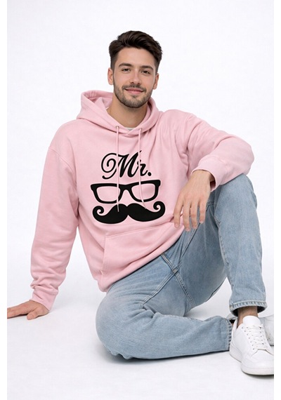 Nevermind Mr Mrs Baskılı Sevgili Kombini Oversize Hoodie Seti Unisex Sevgil Pembe