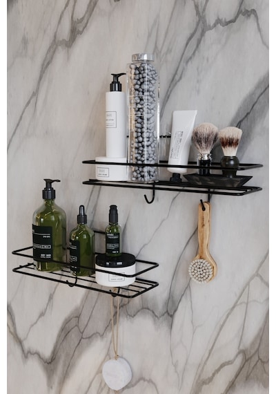 2li Set Banyo Düzenleyici Şampuanlık Mat Siyah Yapışkanlı 4 Askılı Duş Rafı Paslanmaz Organizer Siyah