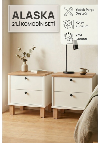 Robin Home Alaska Komodin 2'li Komodin Seti Çekmeceli Ahşap Ayaklı Sepet-beyaz