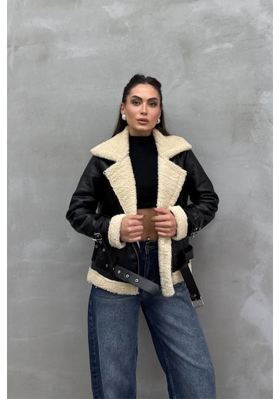 Msm Fashion Kadın İçi Beyaz Kürklü Siyah Kısa Biker Deri Ceket Mont Siyah
