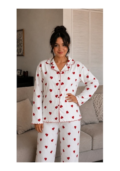 Rindahomewear Burumcuk Kumaş Bayby Overlok Uzun Kol Düğmelipijama Takımı Beyaz