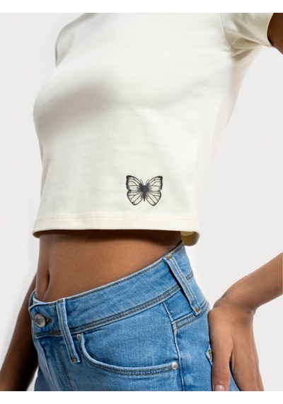 Crop Kadın Tshirt K.kol Ekru
