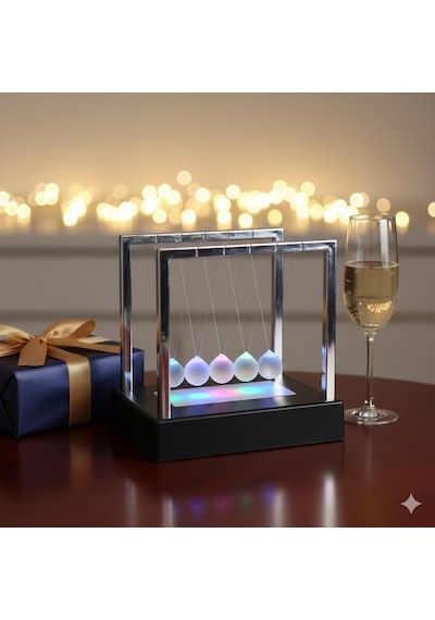Stres Azaltıcı Ofis Masa Dekoru 5 Toplu Renkli Led Işıklı Newton Denge Topları Dekoratif Hediye