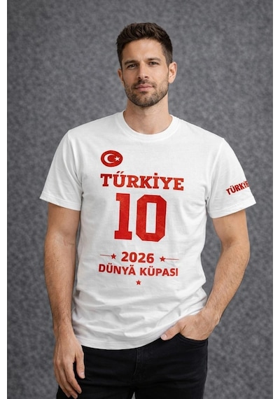 Novalisse Erkek Türkiye Baskılı Tişört 2026 Dünya Kupası Taraftar Forma T-shirt - Beyaz Çoklu Renk
