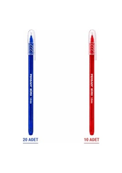 Pensan Büro 2270 Tükenmez Kalem, 1.0 Mm Medium Uç, Mavi, Ofis, Okul Ve Kırtasiye Kullanımı İçin Akıcı Yazım Kalemi Mavi 20 - Kırmızı 10 ---