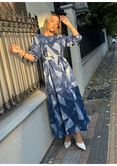 Etiler Collection Kadın Uzun Kollu Bisiklet Yaka Geometrik Desen Baskılı Kuşak Dahil Maxi Boy Elbise S Etiler Collection Kadın Uzun Kollu Bisiklet Yaka Geometrik Desen Baskılı Kuşak Dahil Maxi Boy Elbise S