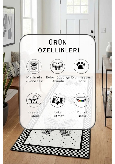 Dekoratif Siyah Beyaz Yıkanabilir Yolluk Beyaz - Siyah