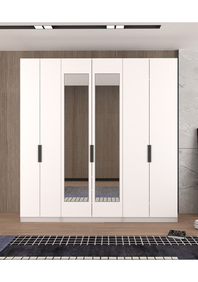 Kapaklı Boydan Aynalı 230/245 Cm Tavana Kadar Gizli Çekmeceli Parlak Beyaz Rengi