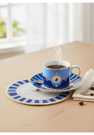 2'li Nakışlı Kuş Desenli Yuvarlak Kokteyl Peçetesi - Pip Studio Uyumlu Mavi Sunum Peçetesi 15cm Çok Renkli