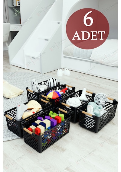 6 Adet Ahşap Saplı Görünüm Siyah Renk Plastik Mutfak Banyo Eşya Organizer Sepet Düzenleyici Set Siyah