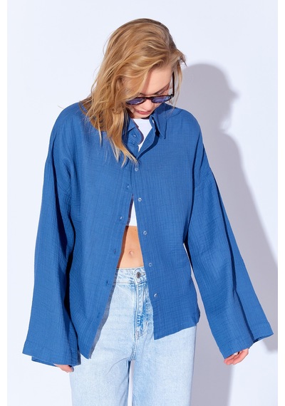 Manche İndigo Kolları Salaş Yıkamalı Müslin Oversize Rahat Kalıp Kadın Basic Gömlek Mks166881-01 Manche İndigo Kolları Salaş Yıkamalı Müslin Oversize Rahat Kalıp Kadın Basic Gömlek Mks166881-01