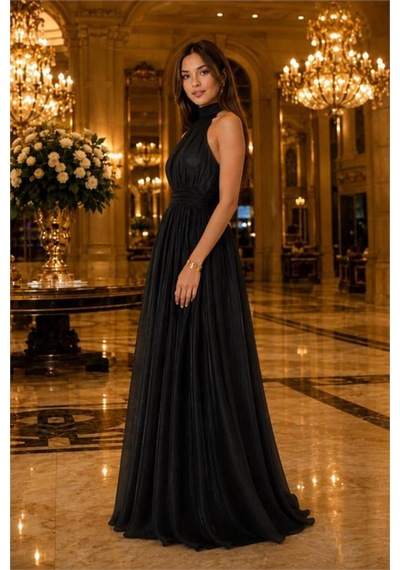 Neşeli Butik Kadın Siyah Halter Yaka Janjan Kumaş Premium Abiye Elbise Nbmy4128