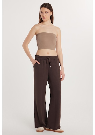 Tudors Kadın Modal Kumaş Regular Fit Normal Bel Çift Cep Beli Bağcıklı Kahverengi Eşofman Altı-33588