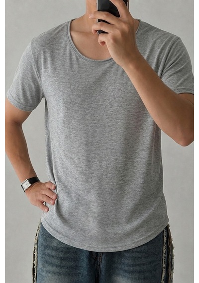 Cool Tarz Erkek Geniş Yaka Oval Etek %100 Pamuk Süprem Kumaş Kısa Kollu Basic Tişört Gri Gri