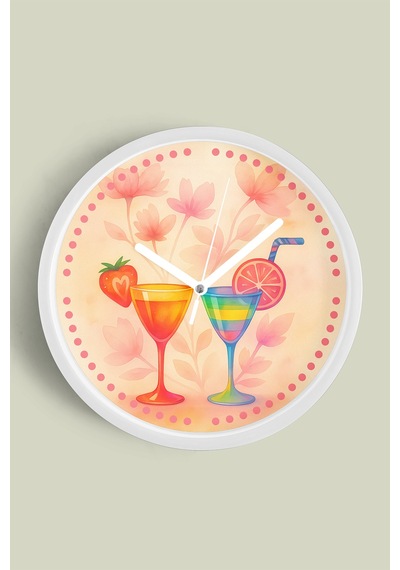 Kokteyl Bardağı Modern Tasarım Duvar Saati - 25cm - Önü Camlı Beyaz Kasa - Sessiz Mekanizma-jh0369 Beyaz