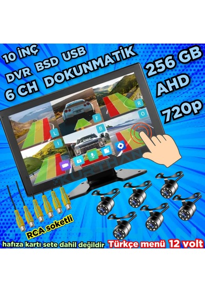 Ahd 720p Rca Beyaz Ledli Kelebek Kamera 6 Kanallı 10 İnç Dokunmatik Usb Bsd Dvr Ekran 12 Volt