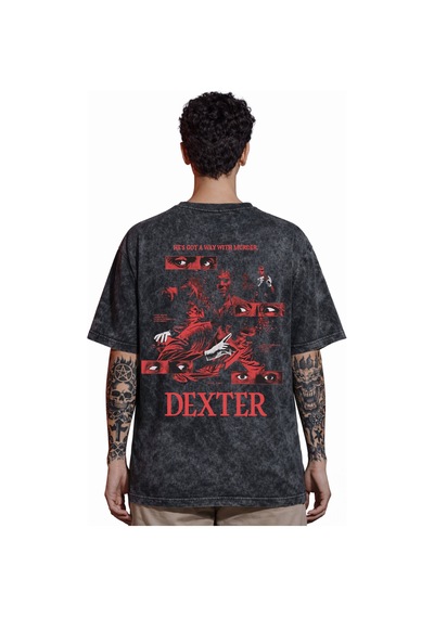 Tasarım Dexter Dizi Sırt Baskılı Unisex Oversize Vintage Yıkamalı Siyah