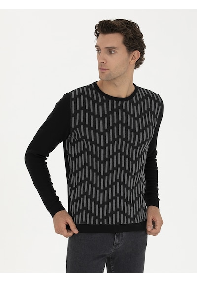 Cacharel Siyah Slim Fit %100 Pamuk Bisiklet Yaka Triko Kazak