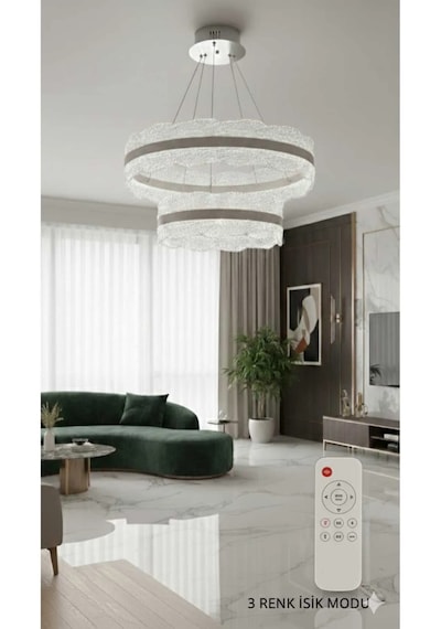 Bohem Aydınlatma Yaprak Dağ Model 40x60 3renkled Kumandalı Modern Salon Avizesi Beyaz Sarı Günışığı Gümüş - Krom