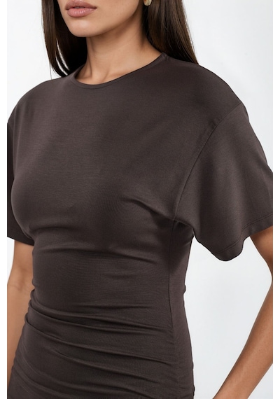 Hiccup Busem Drape Detaylı Dikey Yaka Mini T-shirt Elbisesi Kahve Kahvesi