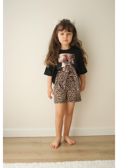 Miniko Kids Kız Çocuk Leopar Desenli Pamuk Şortlu Takım Siyah