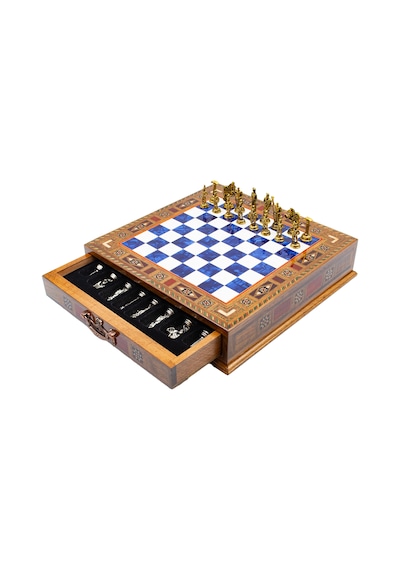 Saklamalı - 181 - Satranç Roma Oymalı Sc38s - 32cm, Mavi Tahta - Muratech - - Sc32m