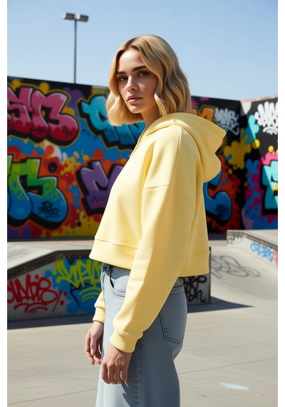 Benerly Kadın Kapüşonlu Fermuarlı Düşük Kol Örme Sweatshirt Fonksiyonel D Açık Sarı