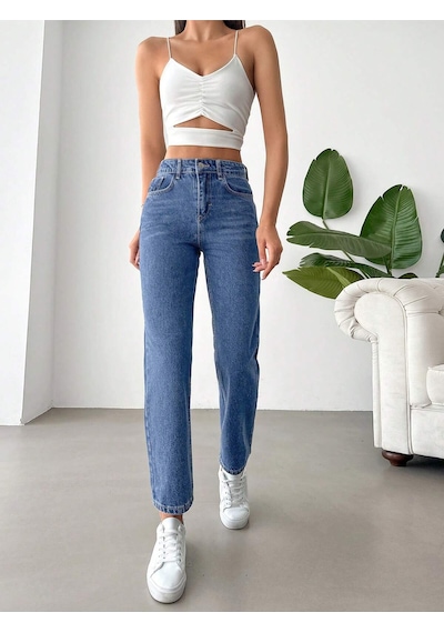 Yüksek Bel Koyu Yıkamalı Kadın Denim Pantolon Mavi