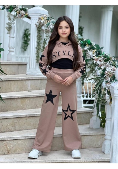 Star Style Kız Çocuk 3'lü Takım - 3/12 Yaş - 31517 Kahverengi