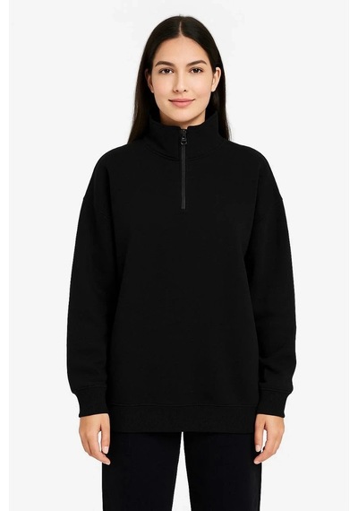 Tarzyeri Kadın 3 İplik Pamuklu Dık Yaka Yarım Fermuarlı Sweatshirt - Siyah